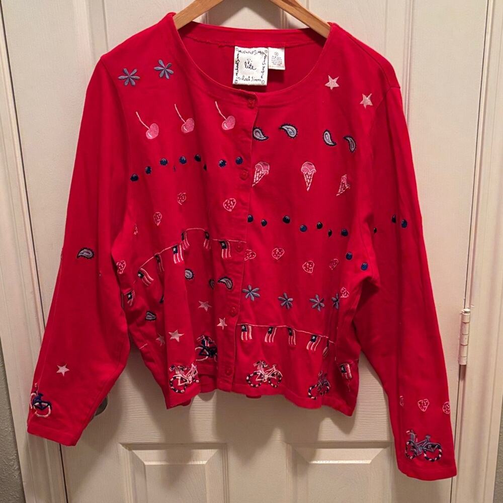 Michael Simon Lite‎ Red Button Down Cardigan with American Patriotic Patterns 1X